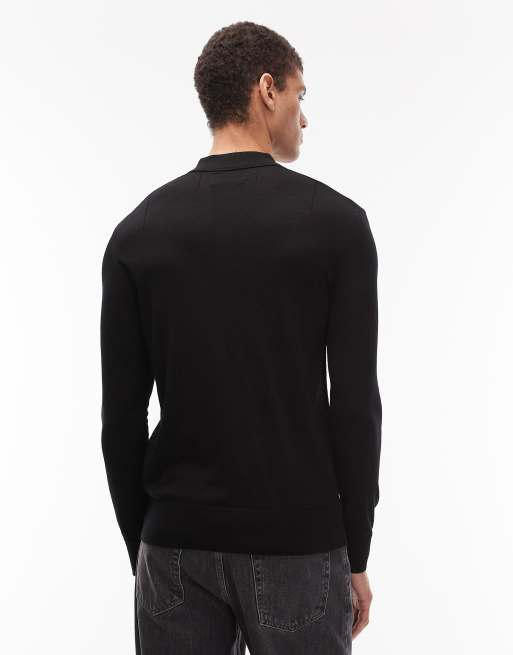 AllSaints Merino knit polo in black, 3 of 5
