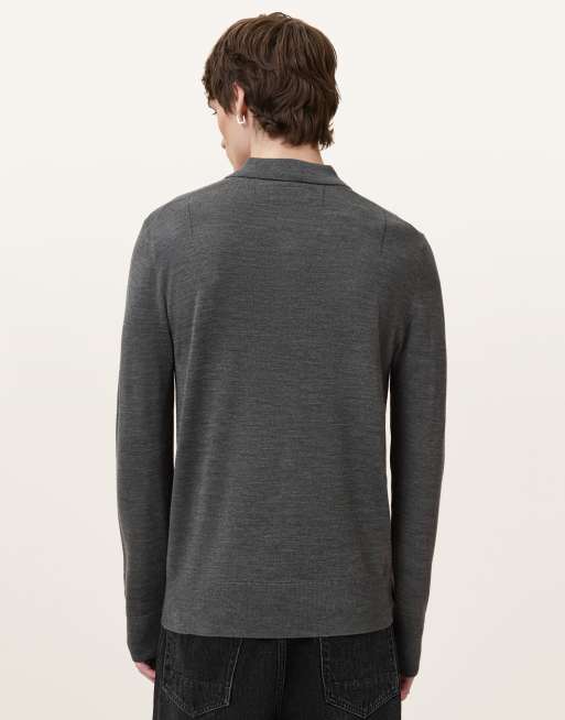 AllSaints merino knit polo in gray, 3 of 4