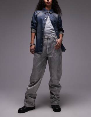 AllSaints - Mia - Weite Jeans im Carpenter-Stil in beschichtetem Silber