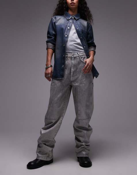 AllSaints - Mia - Wijde timmermansjeans met coating in zilver - view 1