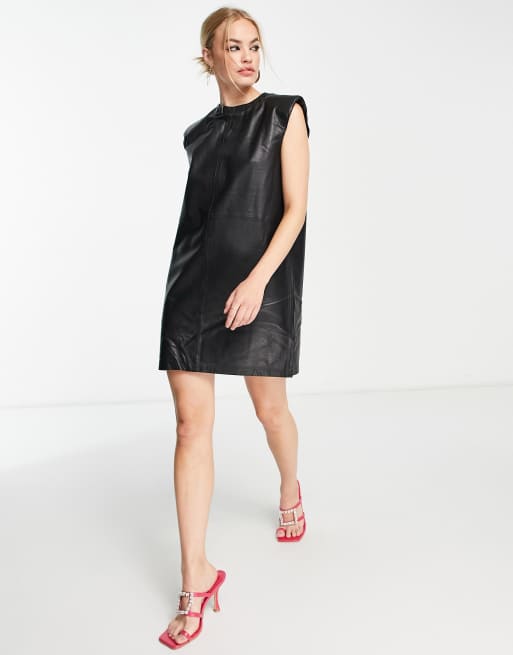AllSaints Mika leather tank mini dress in black | ASOS
