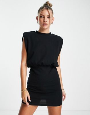 AllSaints Mika mini dress with shoulder pads in black | ASOS