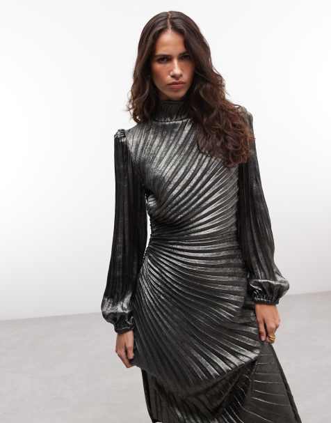 AllSaints Milena langærmet kjole med mock neck, rynket og plisseret, midi, sølv - view 1