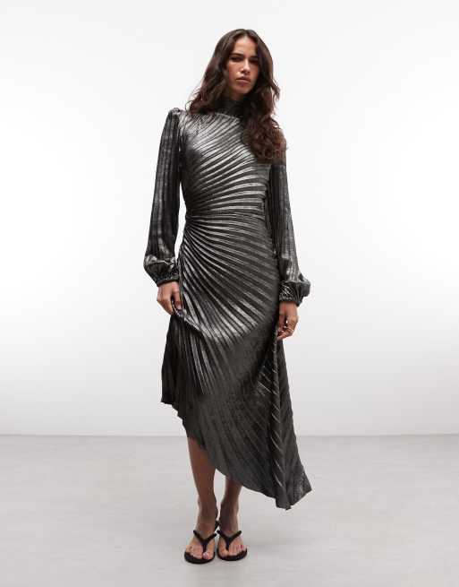 AllSaints Milena long sleeve mock neck gathered pleated midi dress in silver, 2 of 4