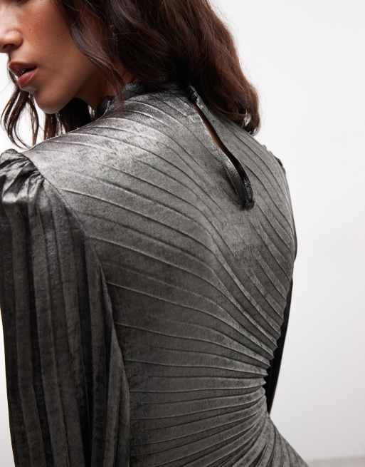 AllSaints Milena long sleeve mock neck gathered pleated midi dress in silver, 3 of 4