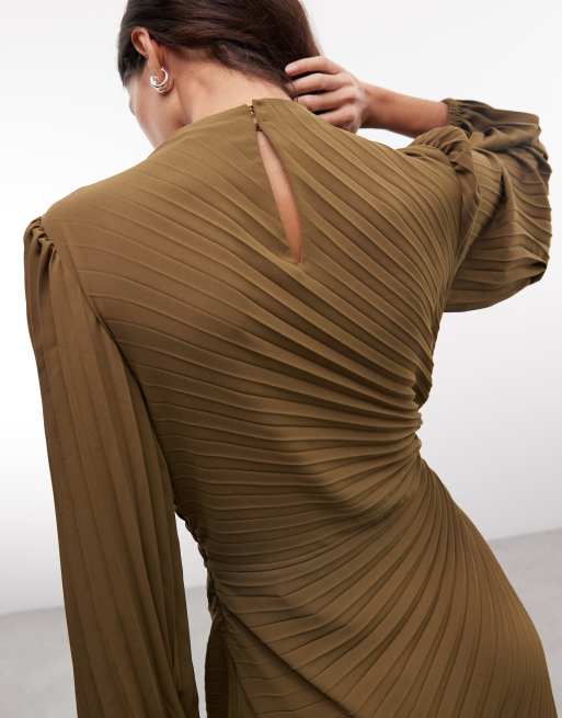 AllSaints - Milena - Robe mi-longue plissée à manches longues et fronces - Vert olive, 4 de 4