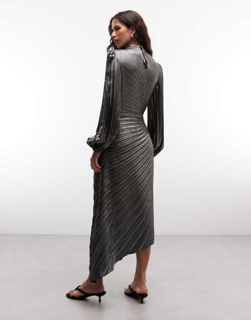 AllSaints - Milena - Vestito midi a maniche lunghe con collo alto e pieghe raccolte argento, 4 di 4