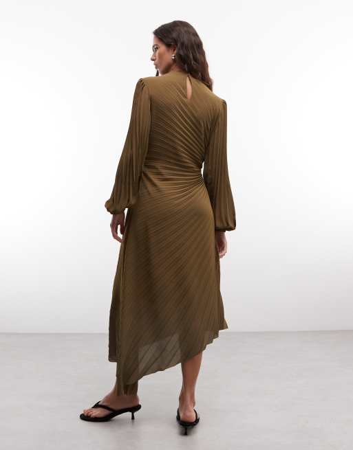 AllSaints - Milena - Vestito midi a maniche lunghe verde oliva con arricciature e pieghe, 3 di 4