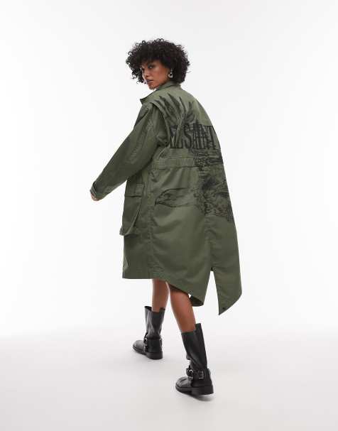 AllSaints – Milla – Parka in Khakigrün mit Vogel-Motiv - view 1