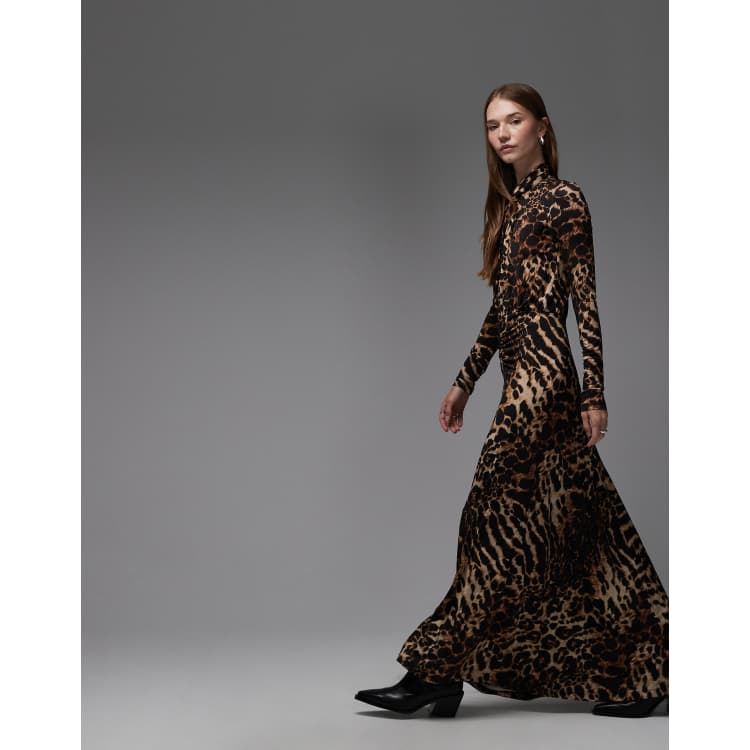 Allsaints mina long sleeve animal print maxi dress in black and