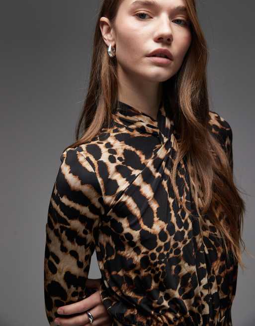 Allsaints mina long sleeve animal print maxi dress in black and