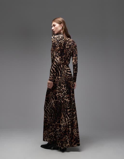 Allsaints mina long sleeve animal print maxi dress in black and gold, 3 of 4