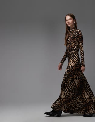 AllSaints Allsaints mina printed long sleeve maxi dress in black and gold-Brown