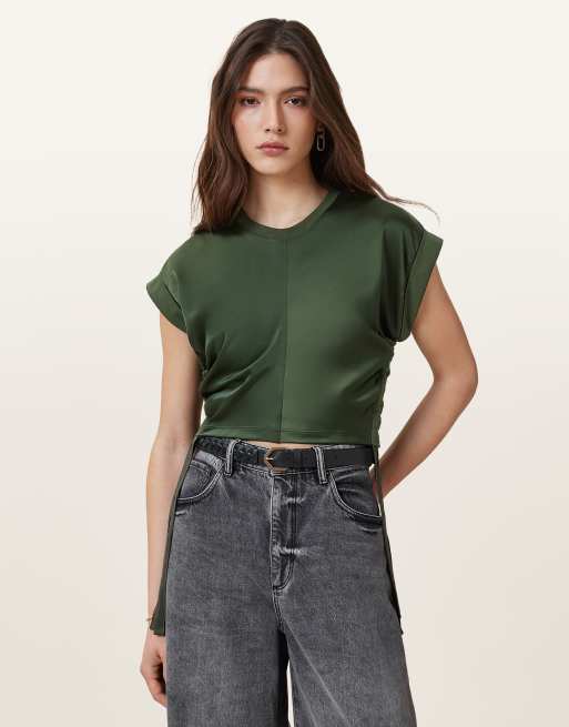 AllSaints – Mira – T-Shirt aus Satin in Rifle-Grün