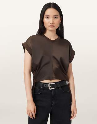 AllSaints - Mira - T-Shirt aus Satin in Schildkrötenbraun-Brown