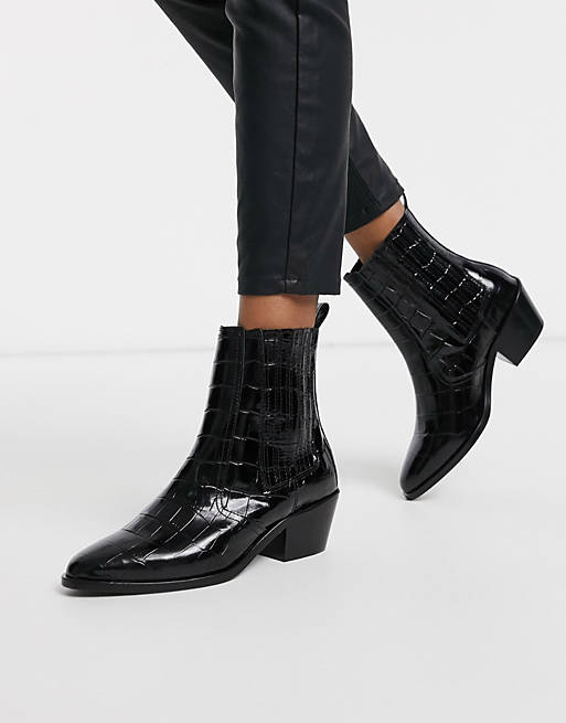AllSaints Miriam croc effect leather ankle boot in black crocodile | ASOS