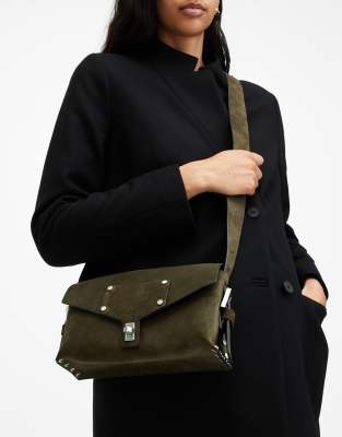 Miro suede crossbody satchel bag in olive green