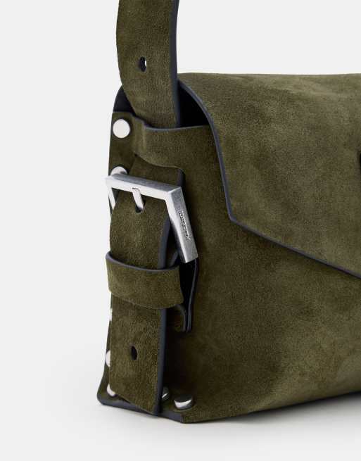 AllSaints Miro suede crossbody satchel bag in olive green