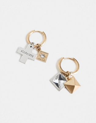 AllSaints mixed pendant huggies in gold/silver