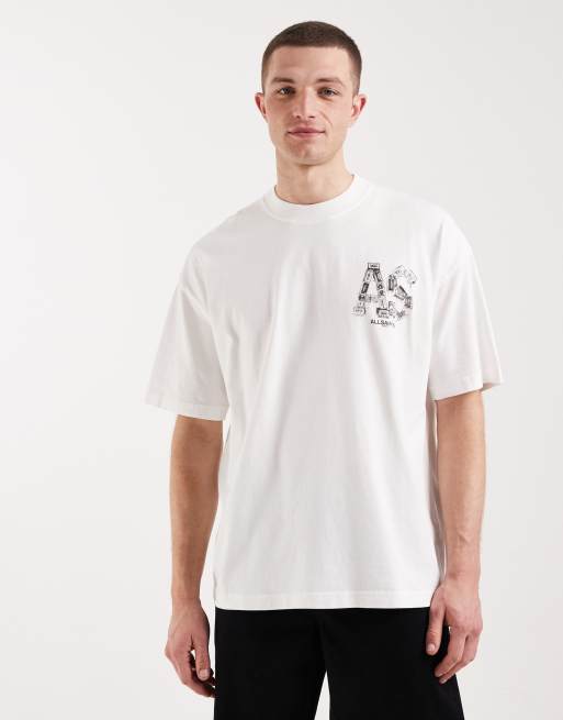 AllSaints Mixtape graphic logo t-shirt with back print in white, 2 of 5