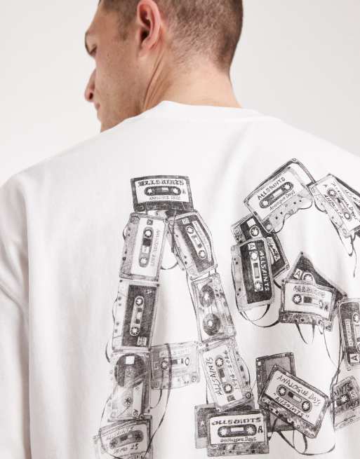AllSaints Mixtape graphic logo t-shirt with back print in white, 4 of 5