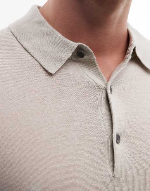 AllSaints – Mode – Beige, stickad pikétröja i merinoull med korta ärmar, 3 av 5