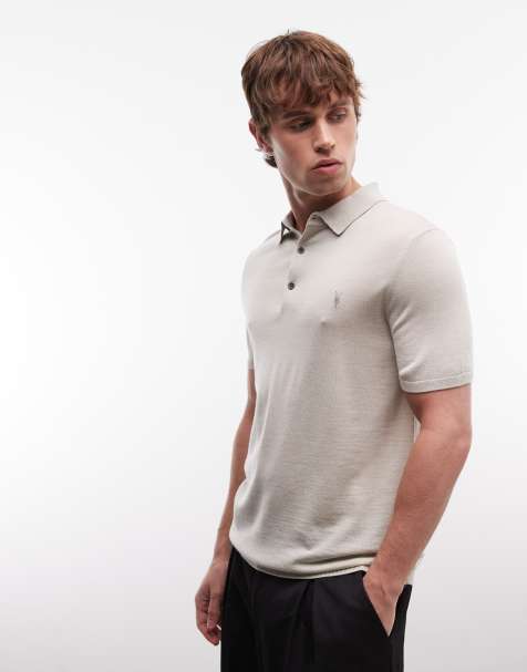 AllSaints – Mode – Beżowa dzianinowa koszulka polo z krótkimi rękawami z wełny merino - view 1