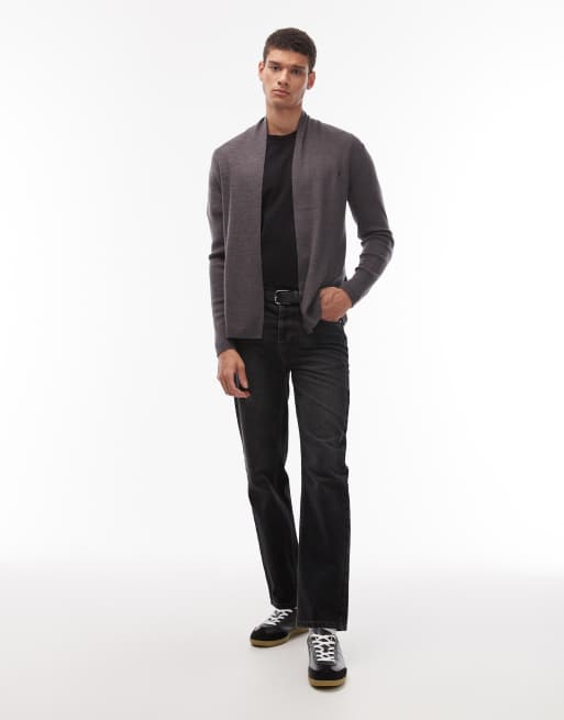AllSaints - Mode - Cardigan grigio antracite con logo in lana merino traforata, 2 di 5