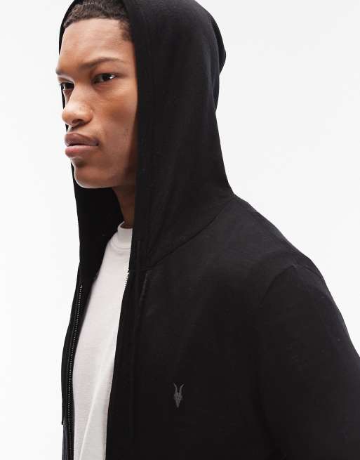 AllSaints – Mode – Kapuzenjacke mit Reißverschluss aus Merinowolle in Schwarz mit Logo, 5 von 5
