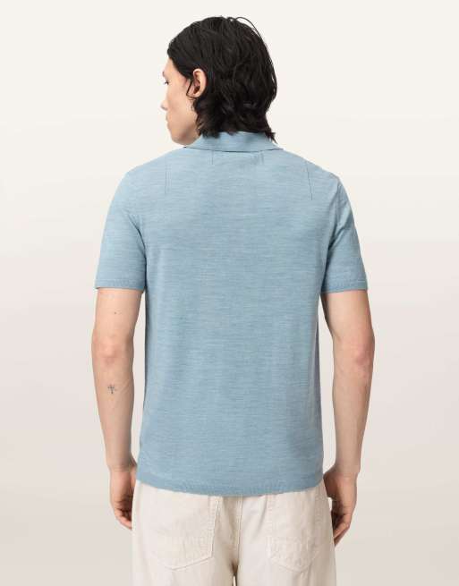 AllSaints – Mode – Kurzärmliges Polohemd aus Merinowolle in Salton-Blau, 5 von 6