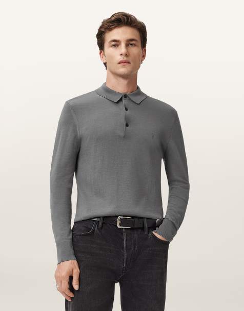 AllSaints – Mode – Langärmliges Polohemd aus Merinowolle in Asher Grey - view 1