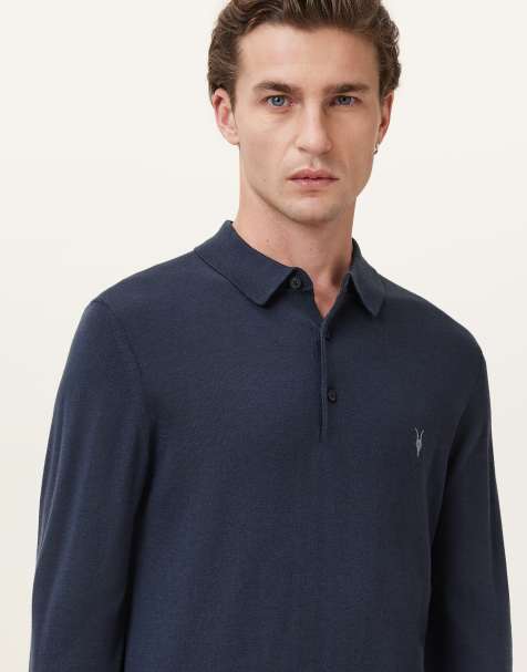 AllSaints – Mode – Langärmliges Polohemd aus Merinowolle in Marineblau mit Rundhalsausschnitt - view 1
