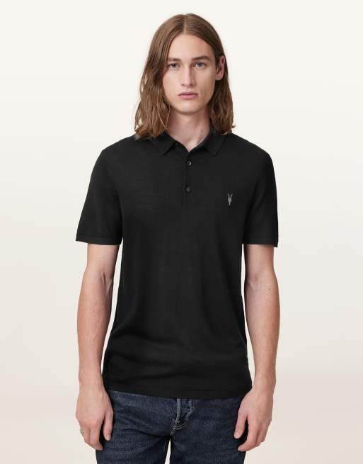 AllSaints – Mode – Langärmliges Polohemd aus Merinowolle in Schwarz