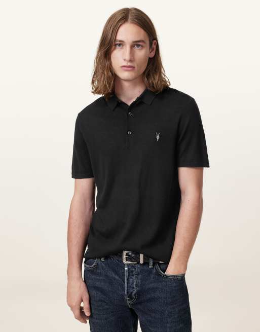 AllSaints – Mode – Langärmliges Polohemd aus Merinowolle in Schwarz, 5 von 6