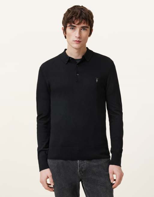 AllSaints – Mode – Langärmliges Polohemd aus Merinowolle in Schwarz