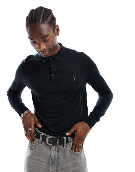 AllSaints – Mode – Langärmliges Strick-Polohemd in Dunkelgrün aus Merinowolle