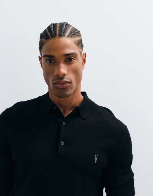 AllSaints Mode merino langærmet logo-strikpoloskjorte i sort, 2 af 5