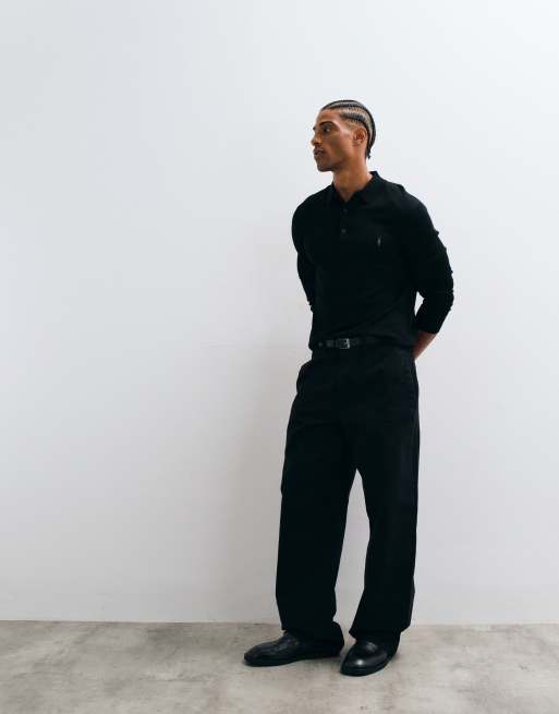 AllSaints Mode merino langærmet logo-strikpoloskjorte i sort, 3 af 5
