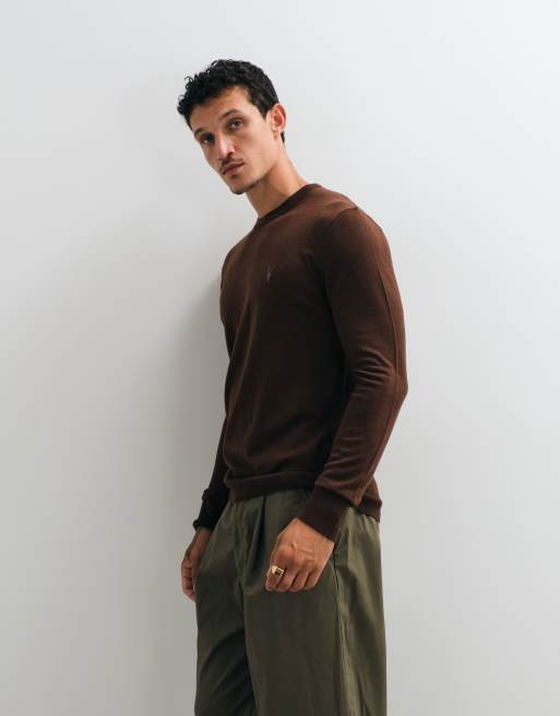 AllSaints Mode Merino logo knit jumper in brown, 2 of 5