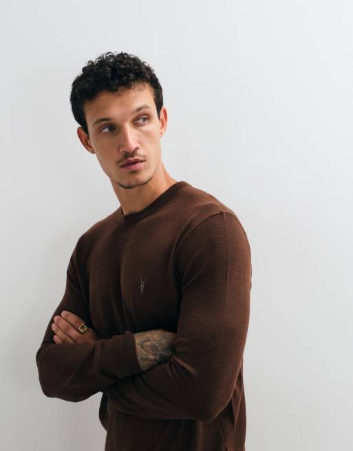 AllSaints Mode Merino logo knit jumper in brown, 3 of 5