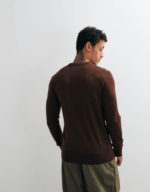 AllSaints Mode Merino logo knit jumper in brown, 5 of 5