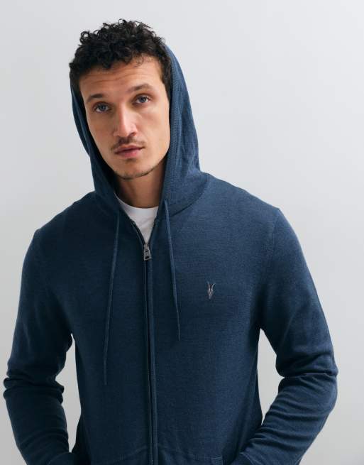 AllSaints Mode Merino logo zip through knit hoodie in teal blue, 3 of 5