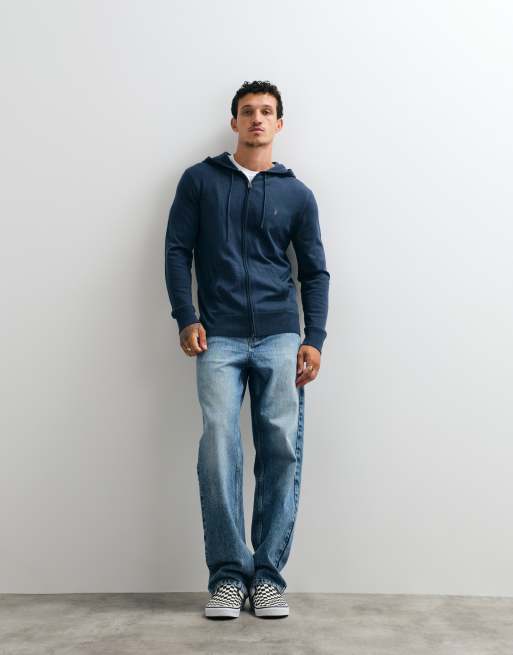 AllSaints Mode Merino logo zip through knit hoodie in teal blue, 4 of 5