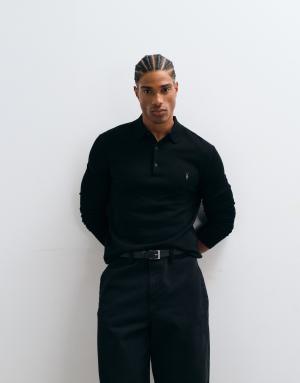 AllSaints Mode Merino long sleeve logo knit polo in black