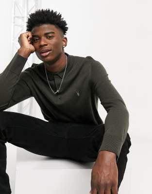 Allsaints Mode Merino Long Sleeve Polo In Green In Green