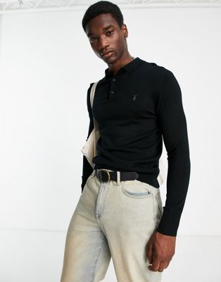 AllSaints Mode Merino long sleeve polo shirt in black