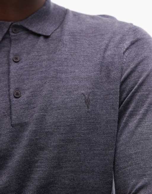 AllSaints Mode Merino long sleeve polo shirt in blue, 3 of 4