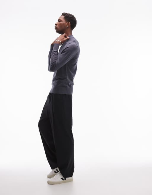 AllSaints Mode Merino long sleeve polo shirt in blue, 4 of 4
