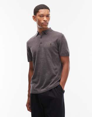 AllSaints AllSaints Mode merino wool short sleeve logo polo shirt in charcoal grey