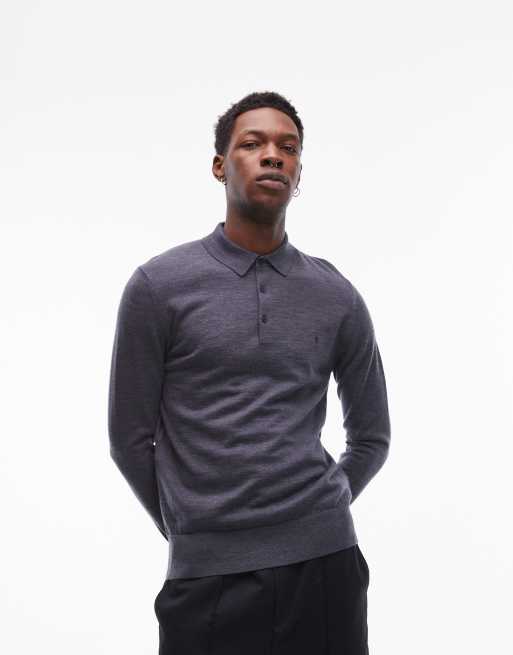 AllSaints – Mode – Niebieska koszulka polo z długimi rękawami z wełny merynosów